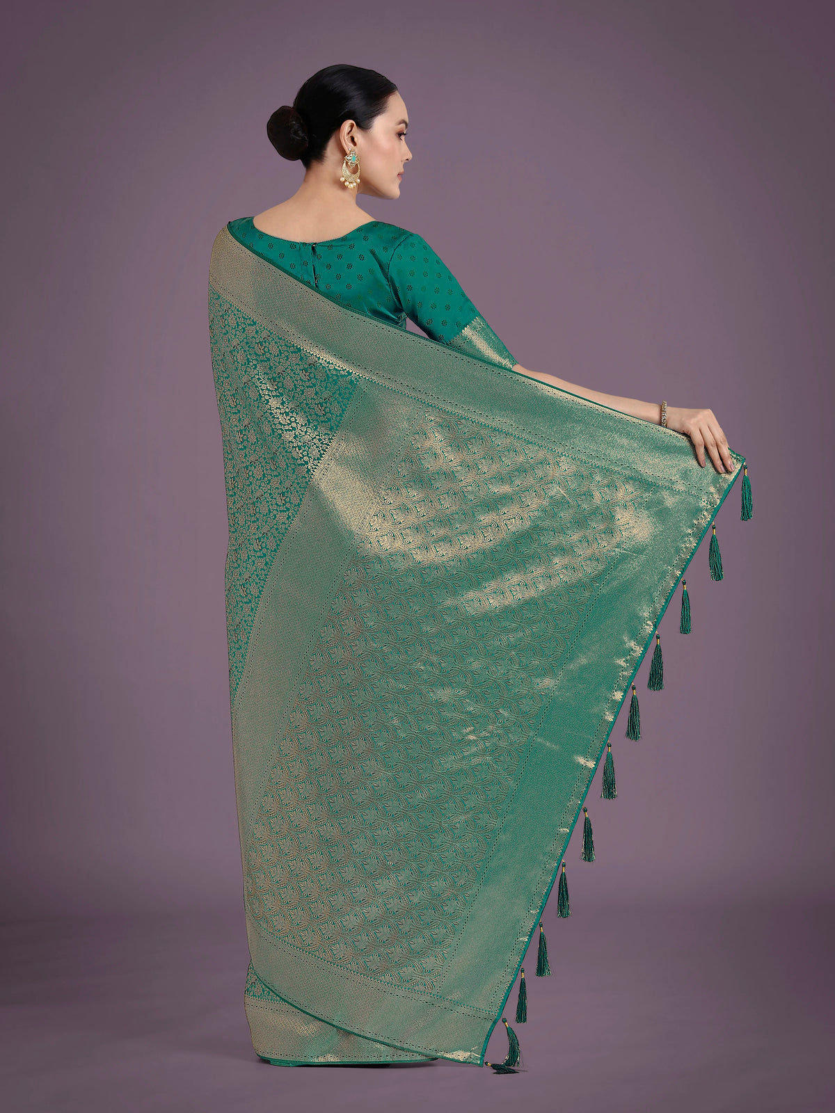 Teal Banarasi-Style Silk Blend Saree with All-Over Zari Weave, back with pallu