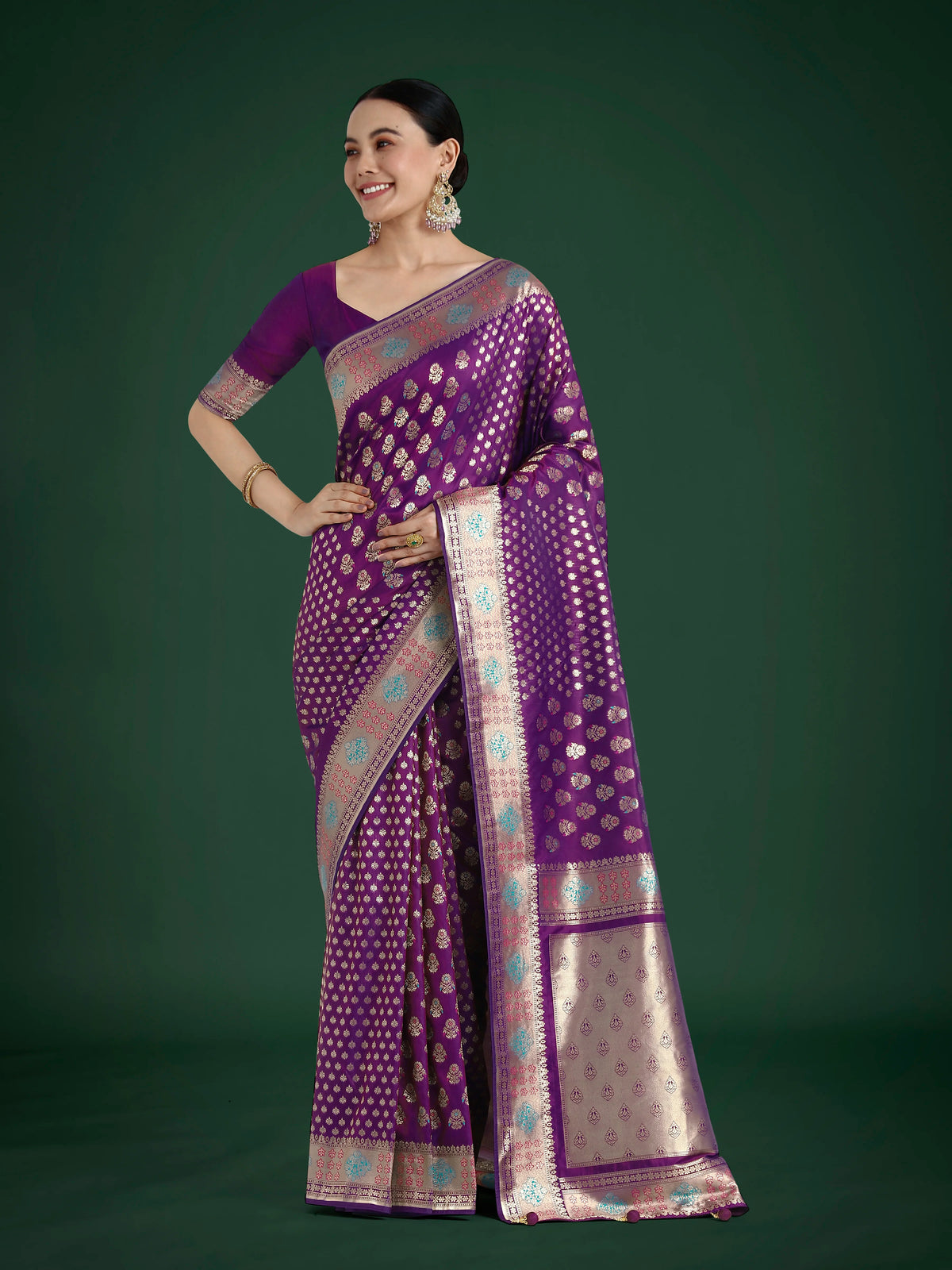 Purple Banarasi-Style Silk Blend Saree with Zari Buti Weave, front