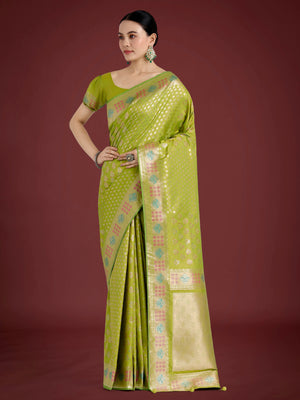 Lime Banarasi-Style Silk Blend Saree with Contrast Floral Border