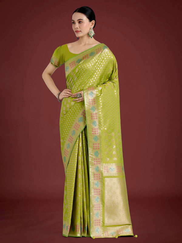 Lime Banarasi-Style Silk Blend Saree with Contrast Floral Border, front