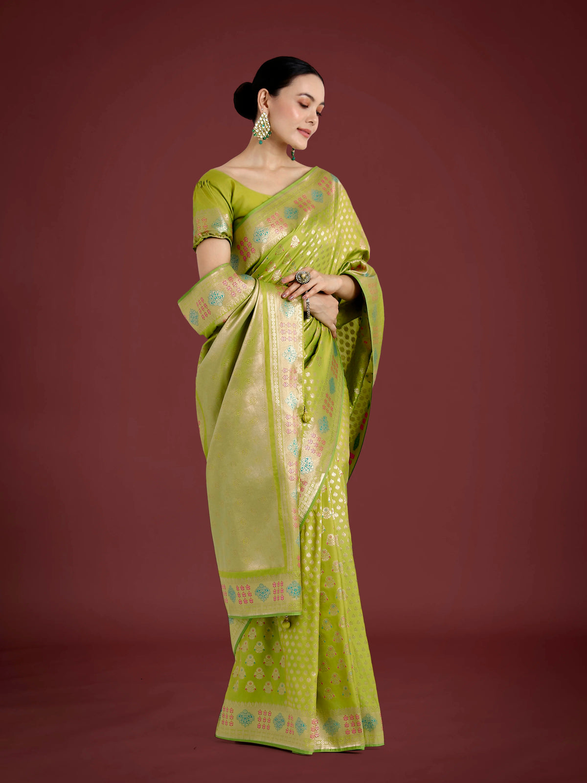 Lime Banarasi-Style Silk Blend Saree with Contrast Floral Border, styled on model