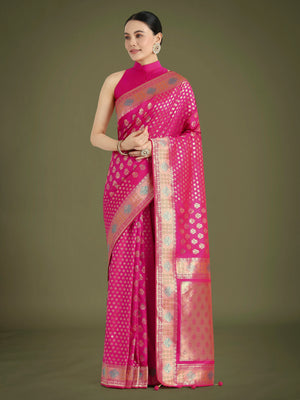 Rani Pink Banarasi-Style Silk Blend Saree with Contrast Floral Border