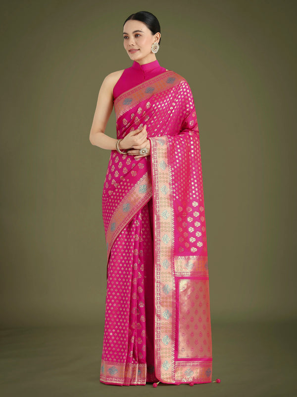 Rani Pink Banarasi-Style Silk Blend Saree with Contrast Floral Border, front
