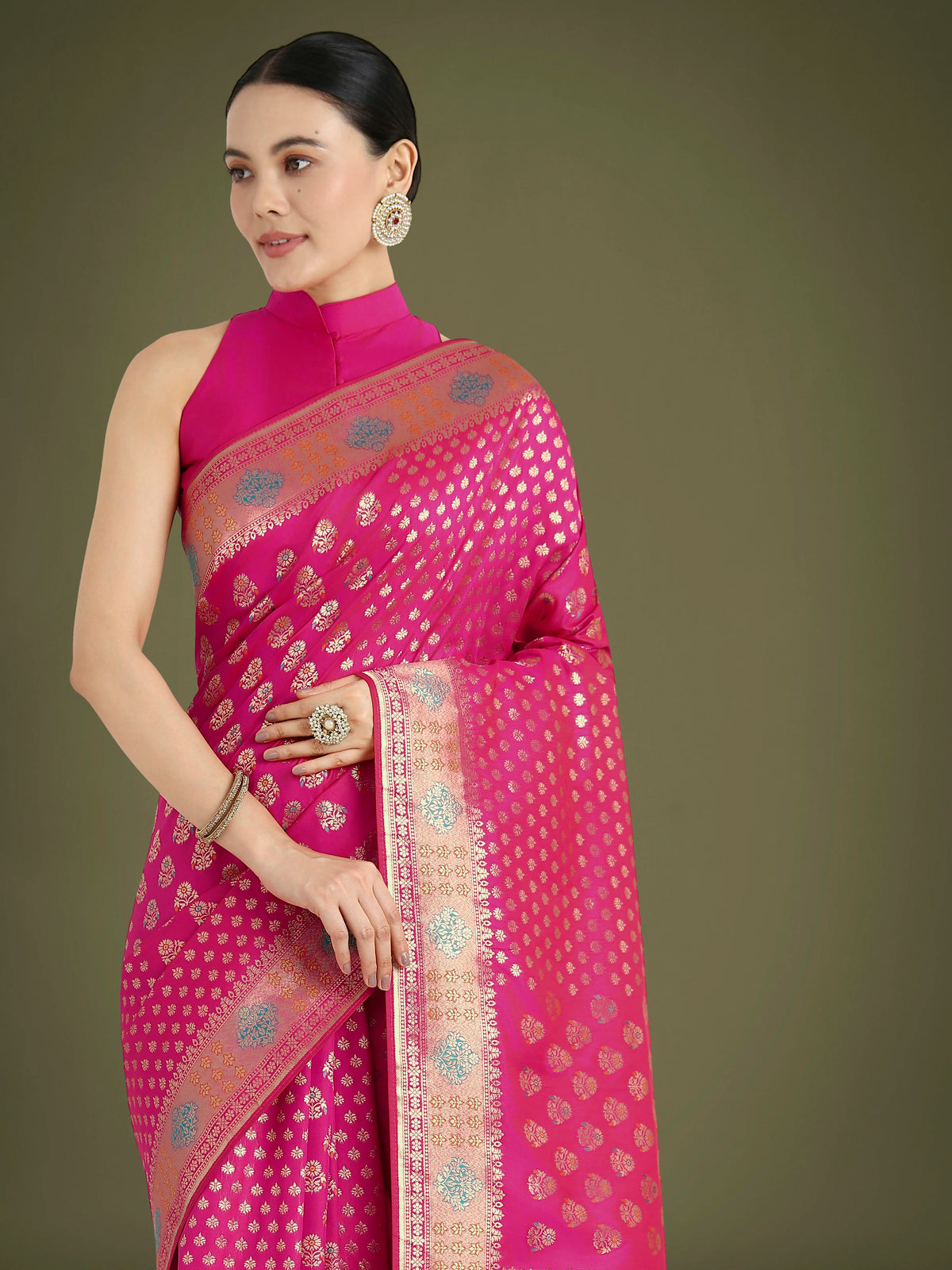 Rani Pink Banarasi-Style Silk Blend Saree with Contrast Floral Border, side