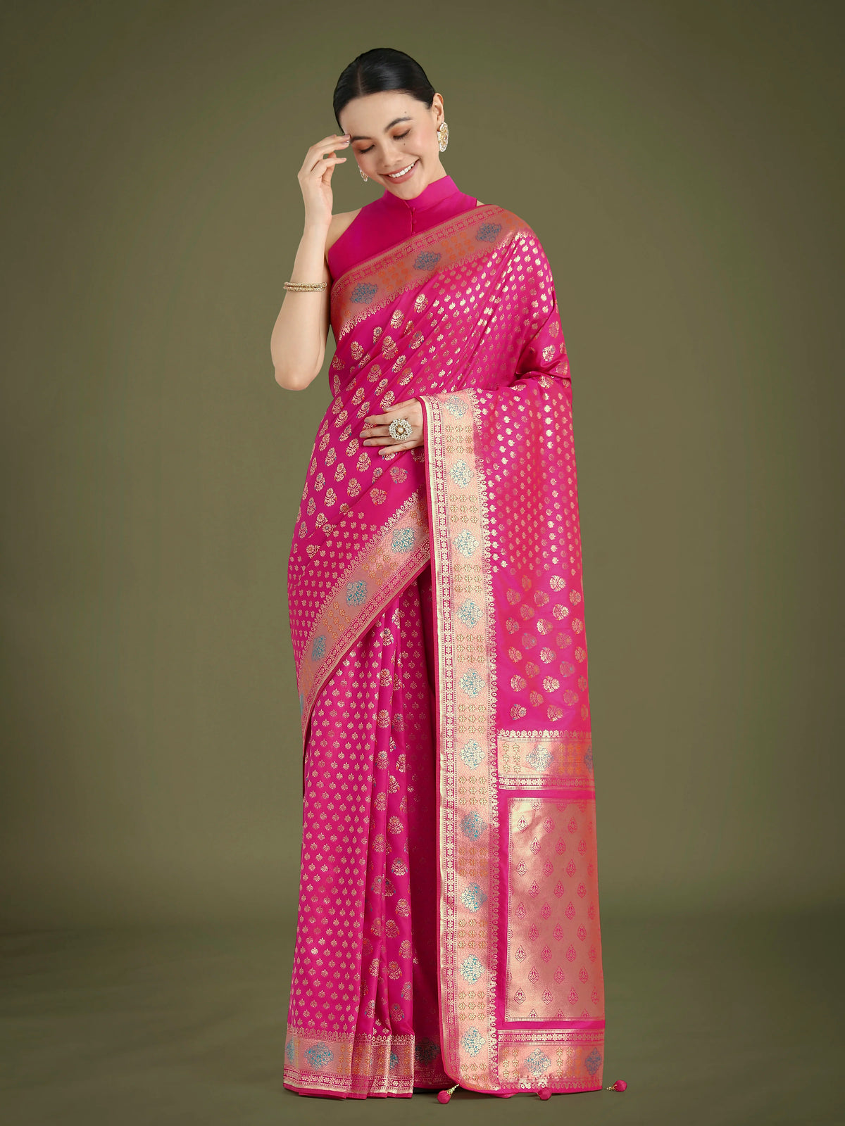 Rani Pink Banarasi-Style Silk Blend Saree with Contrast Floral Border, styled on model
