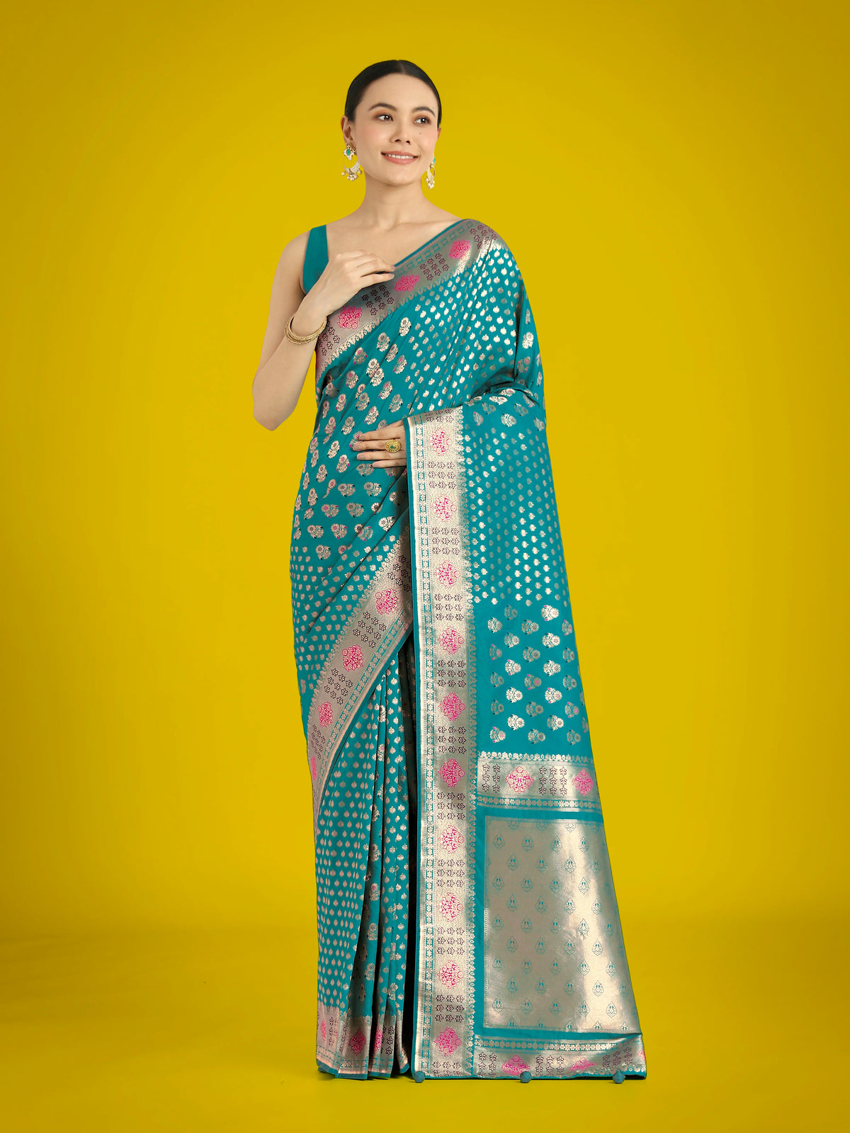 Aqua Blue Banarasi-Style Silk Blend Saree with Contrast Floral Border, styled on model