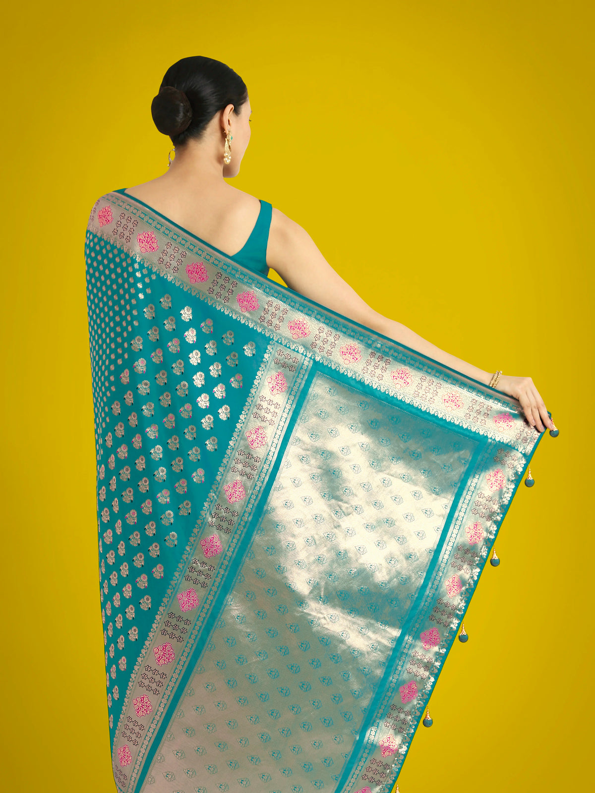 Aqua Blue Banarasi-Style Silk Blend Saree with Contrast Floral Border, back