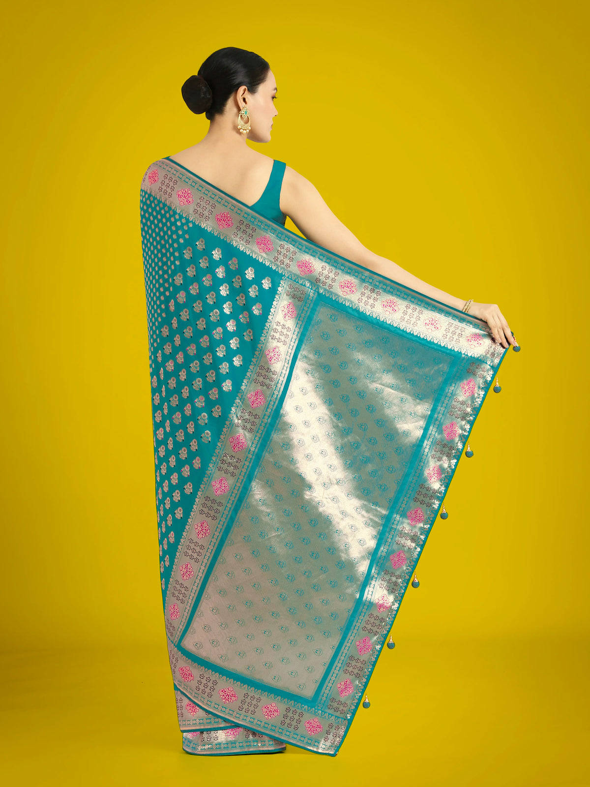 Aqua Blue Banarasi-Style Silk Blend Saree with Contrast Floral Border, back with pallu