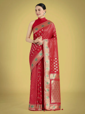 Red Banarasi-Style Silk Blend Saree with Contrast Floral Border