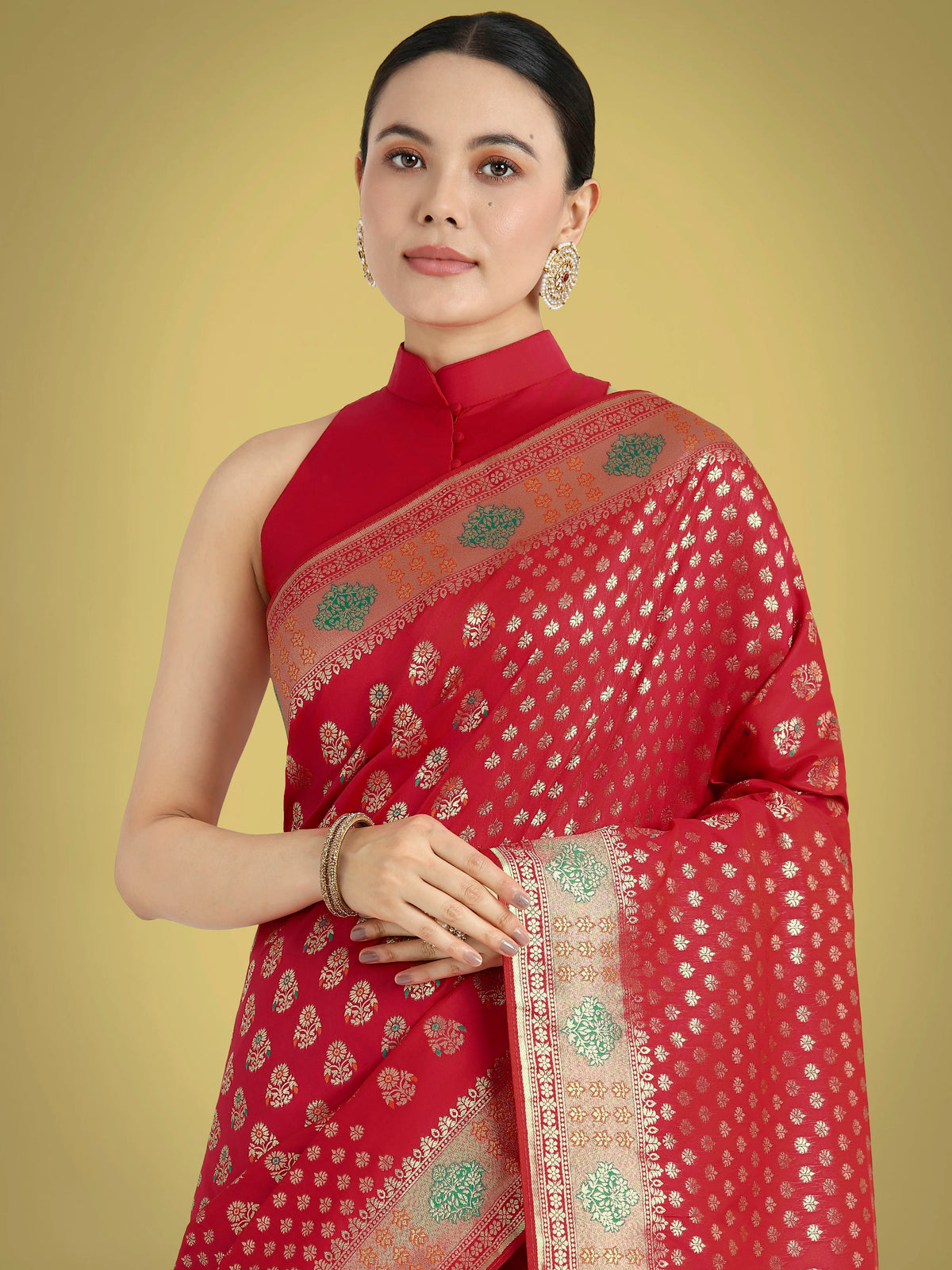 Red Banarasi-Style Silk Blend Saree with Contrast Floral Border, styled on model