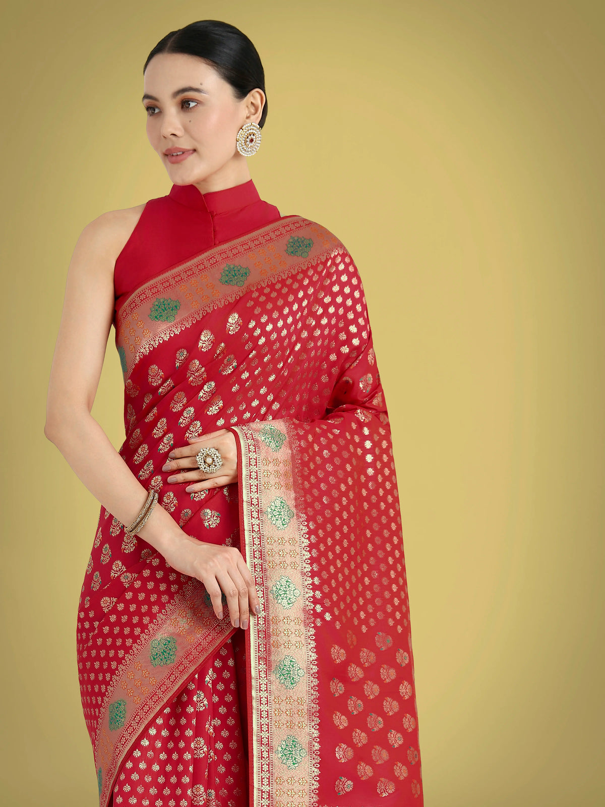 Red Banarasi-Style Silk Blend Saree with Contrast Floral Border, side