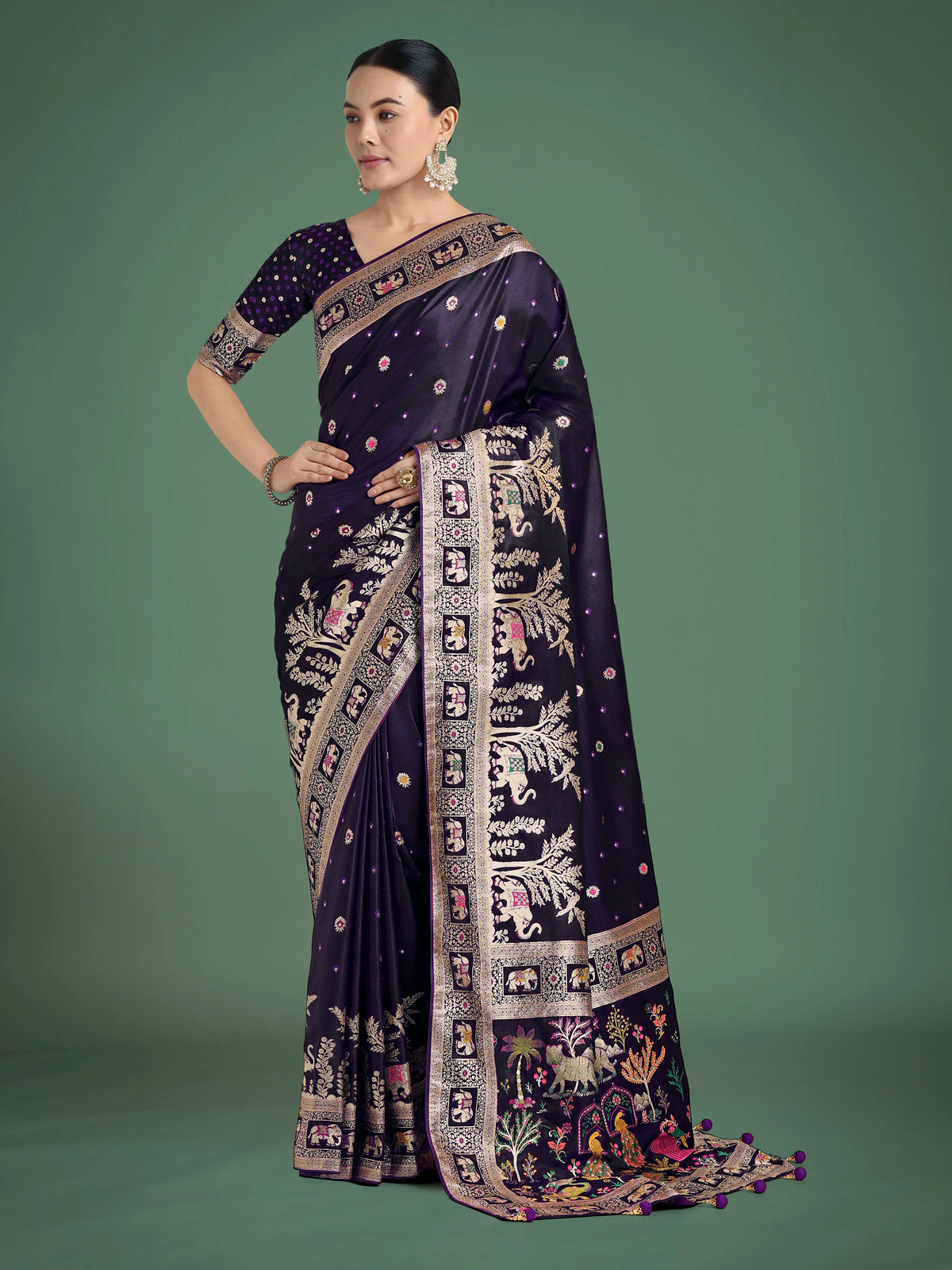 Purple Banarasi-Style Satin Saree with Scenic Motif Pallu, front