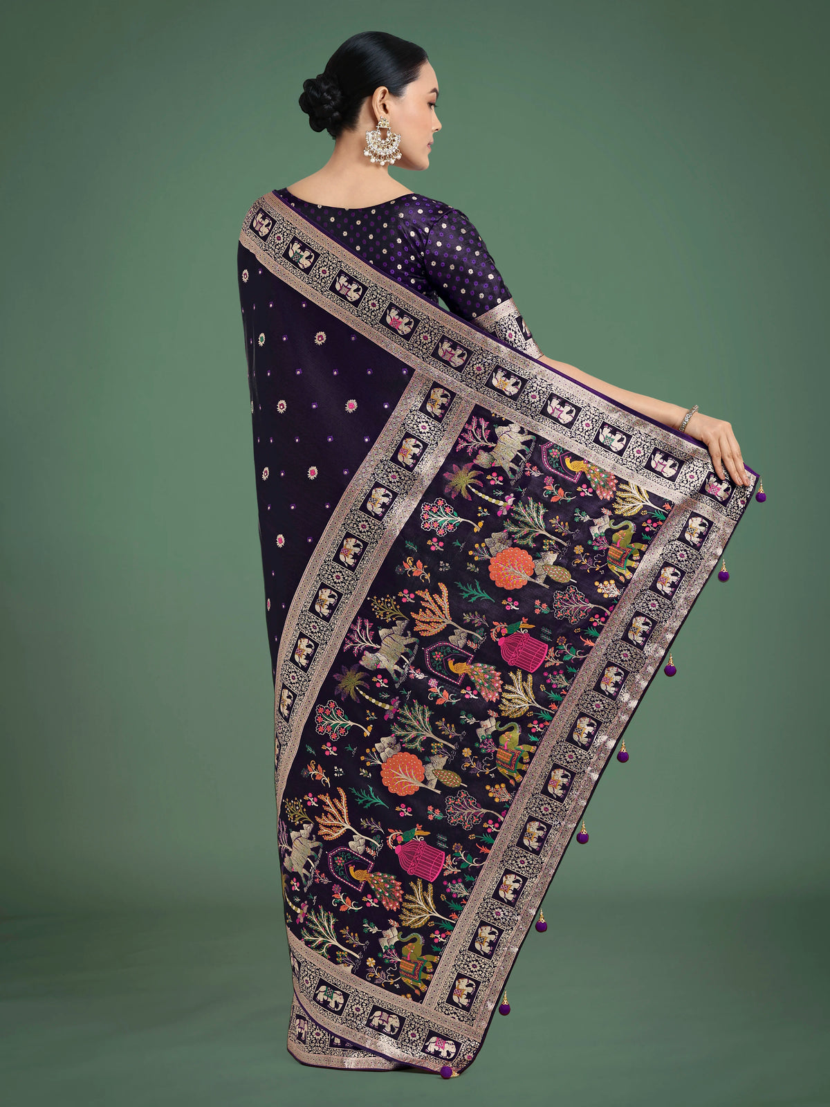Purple Banarasi-Style Satin Saree with Scenic Motif Pallu, back with pallu