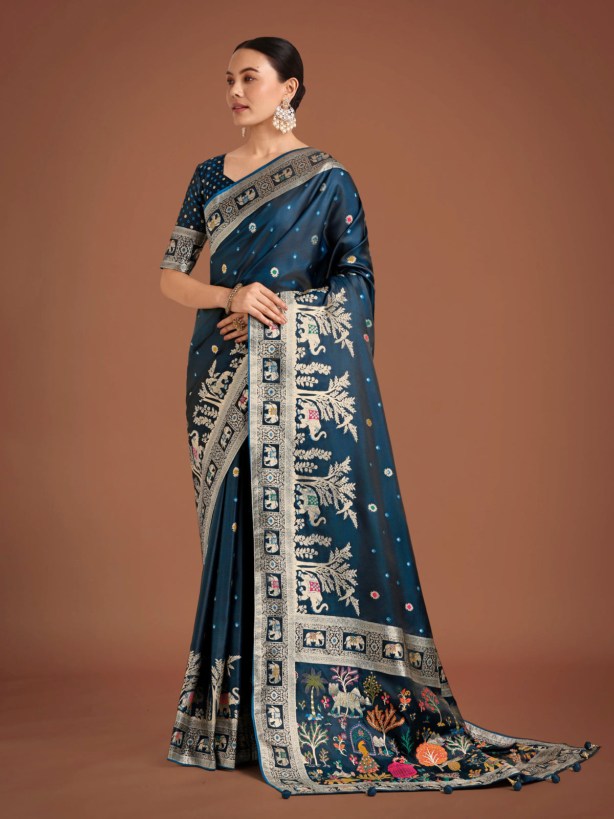 Teal Banarasi-Style Satin Saree with Scenic Motif Pallu, front