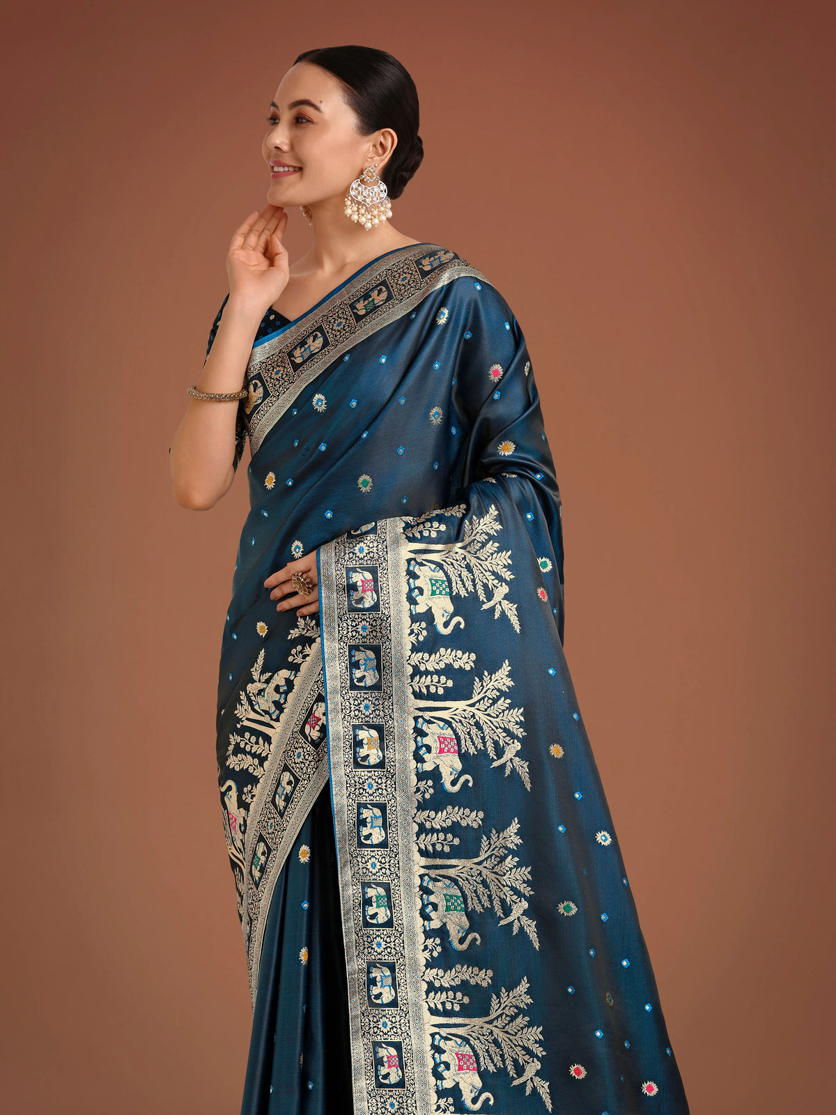 Teal Banarasi-Style Satin Saree with Scenic Motif Pallu, side