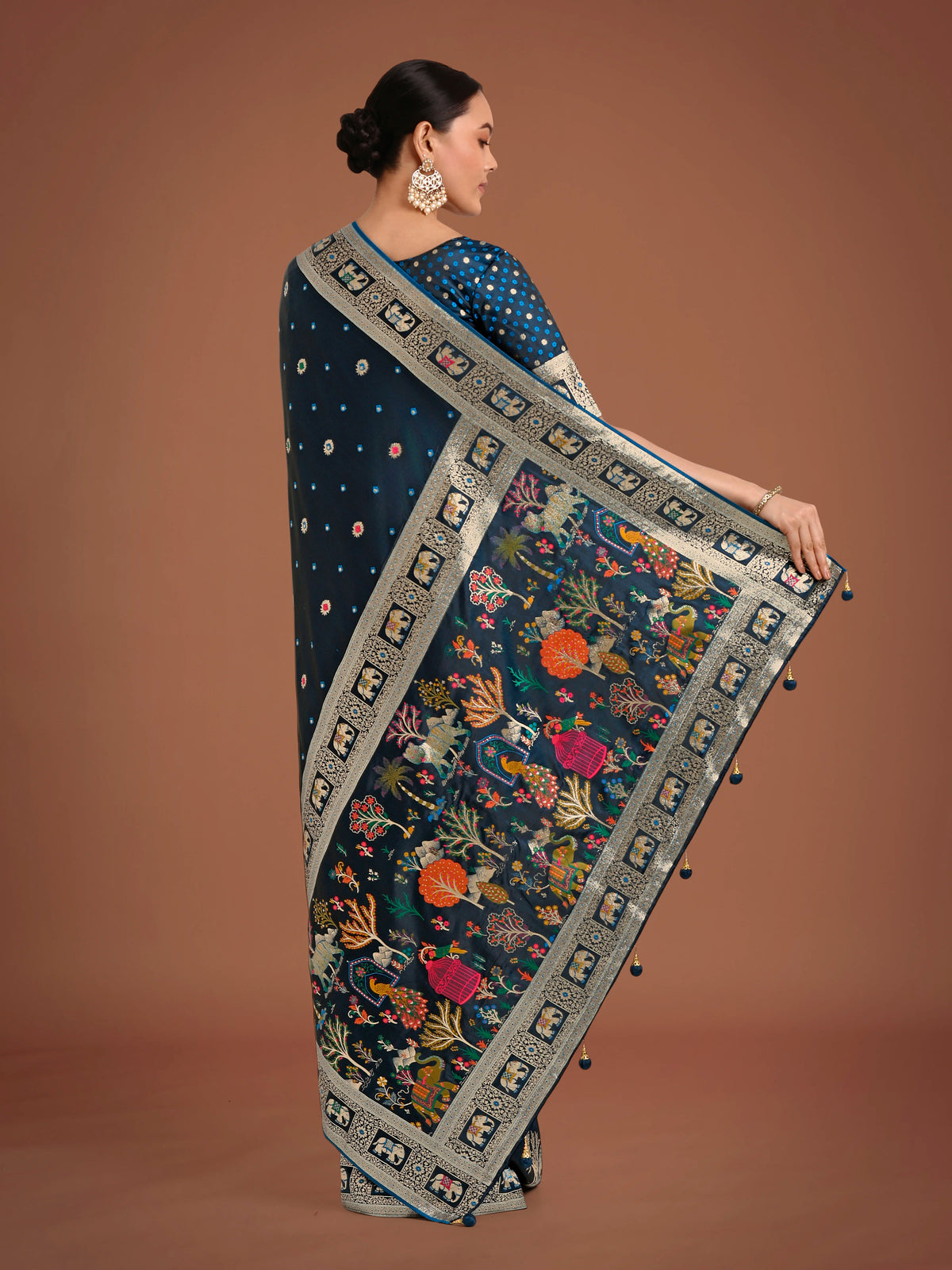 Teal Banarasi-Style Satin Saree with Scenic Motif Pallu, back with pallu