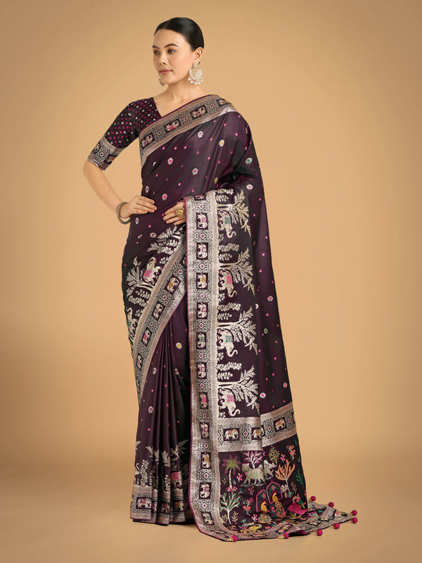 Wine Banarasi-Style Satin Saree with Scenic Motif Pallu, front