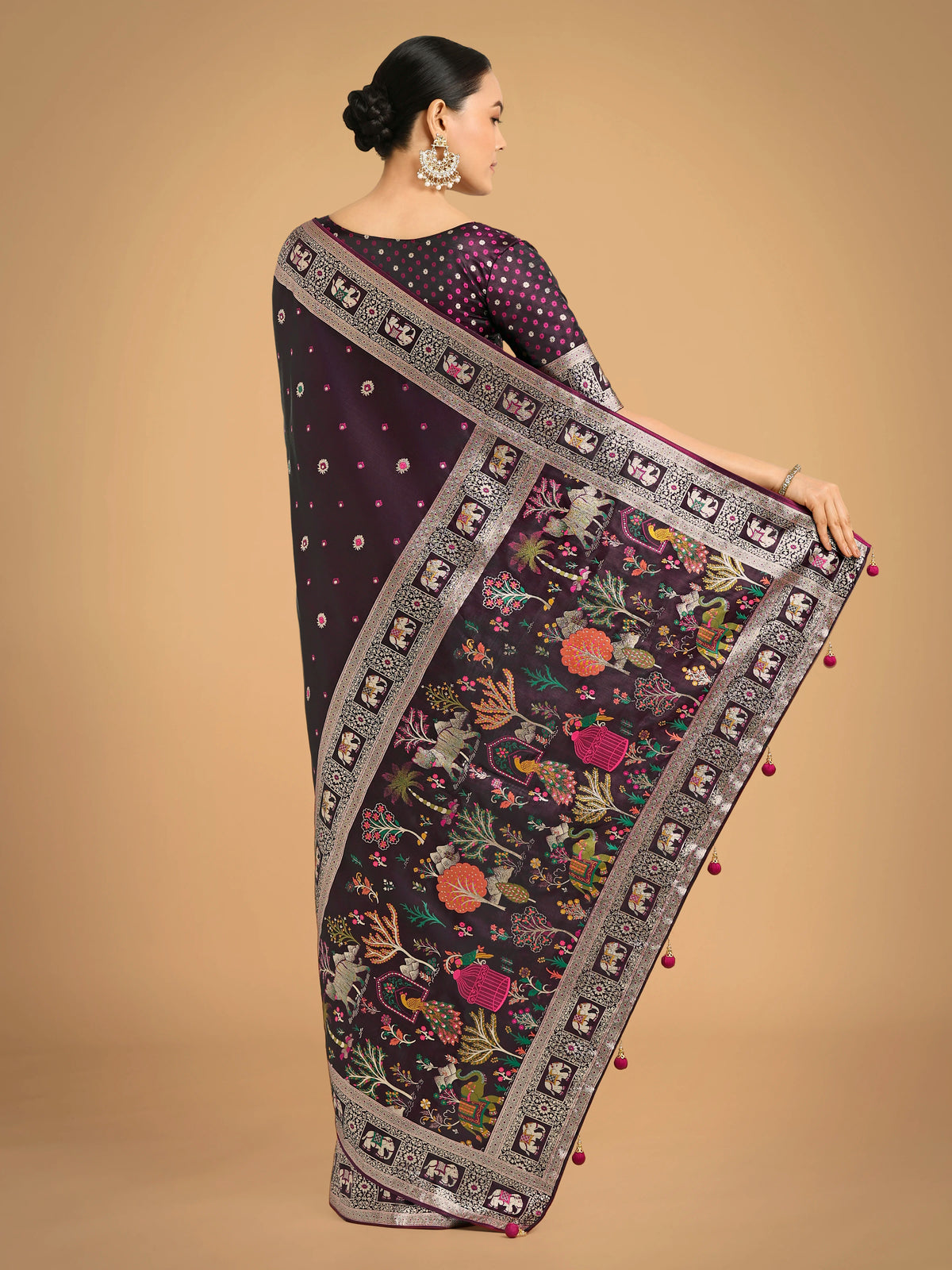 Wine Banarasi-Style Satin Saree with Scenic Motif Pallu, back with pallu