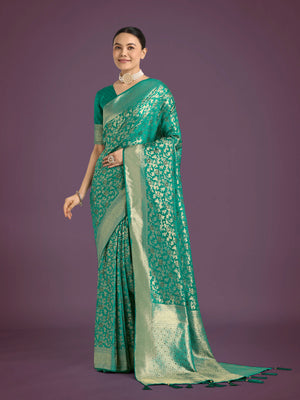 Turquoise Banarasi-Style Satin Saree with Floral Zari Jaal
