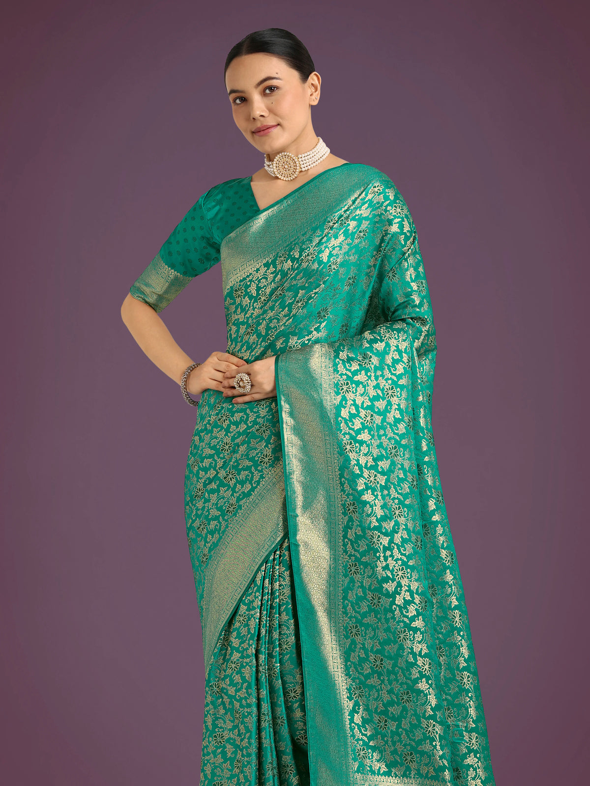 Turquoise Banarasi-Style Satin Saree with Floral Zari Jaal, drape detail