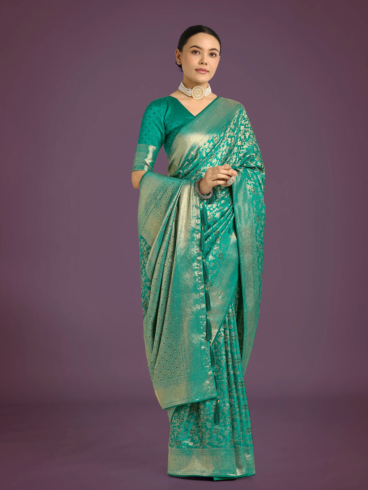 Turquoise Banarasi-Style Satin Saree with Floral Zari Jaal, styled on model