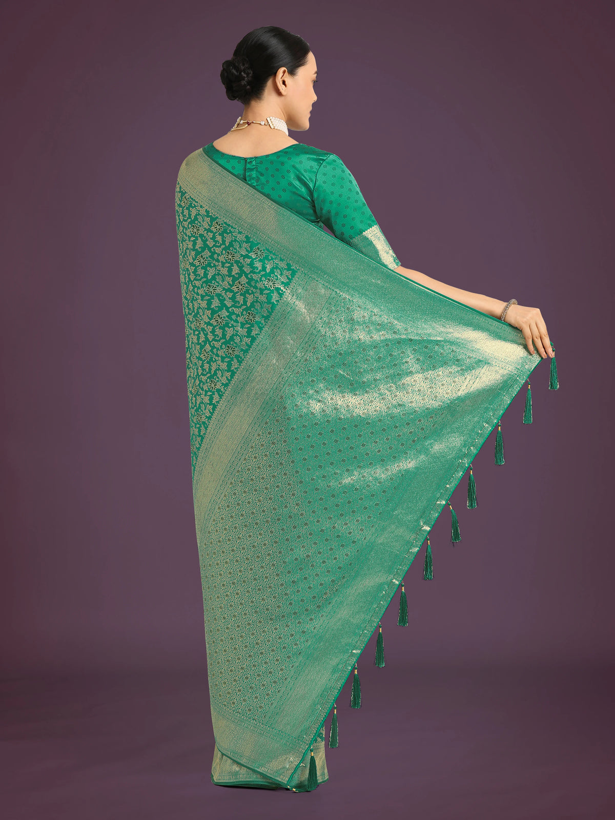 Turquoise Banarasi-Style Satin Saree with Floral Zari Jaal, back with pallu