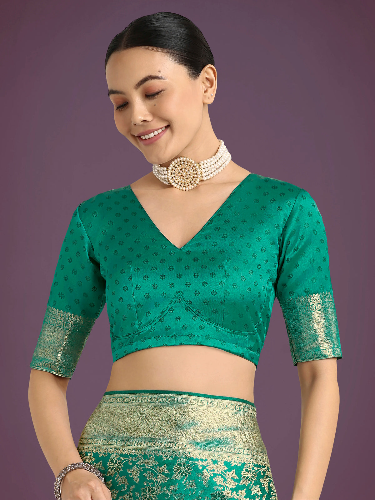 Turquoise Banarasi-Style Satin Saree with Floral Zari Jaal, blouse detail
