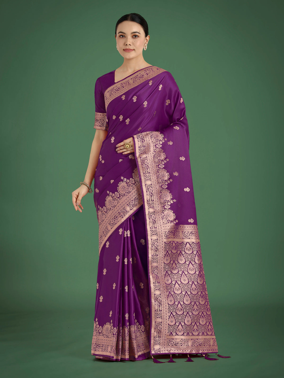 Purple Banarasi-Style Satin Saree with Paisley Zari Pallu, front