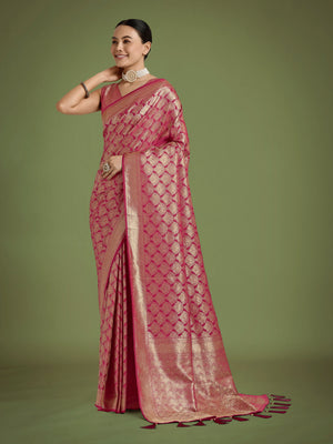 Dark Pink Banarasi-Style Satin Saree with Zari Lattice Weave