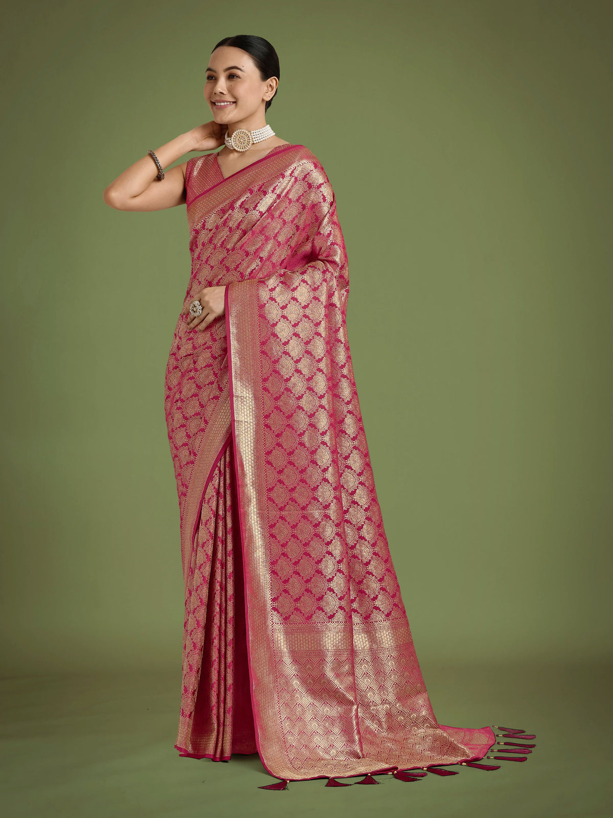 Dark Pink Banarasi-Style Satin Saree with Zari Lattice Weave, front