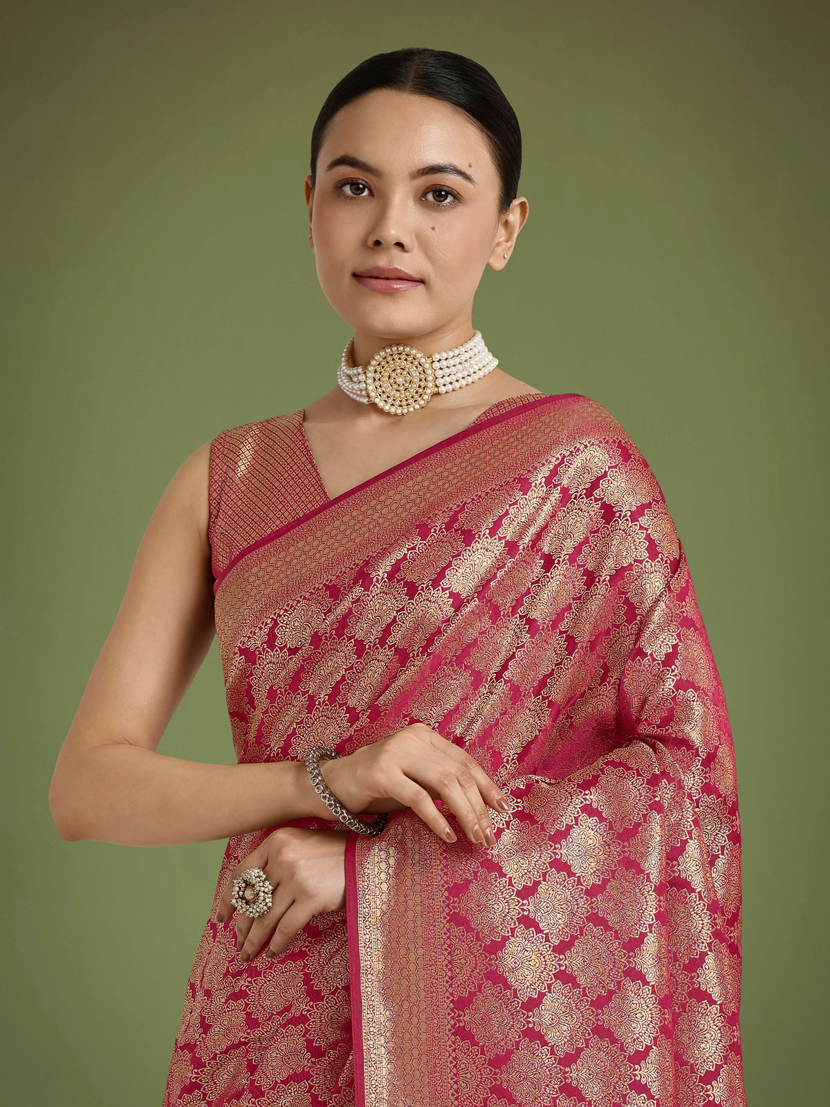 Dark Pink Banarasi-Style Satin Saree with Zari Lattice Weave, drape detail