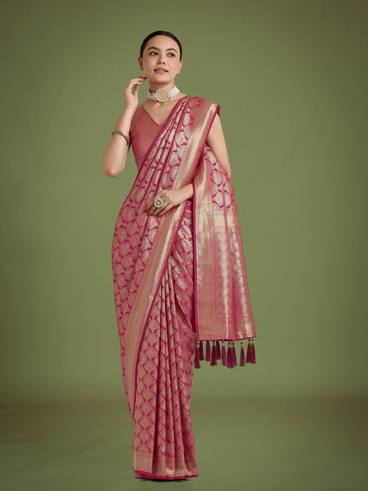 Dark Pink Banarasi-Style Satin Saree with Zari Lattice Weave, styled on model