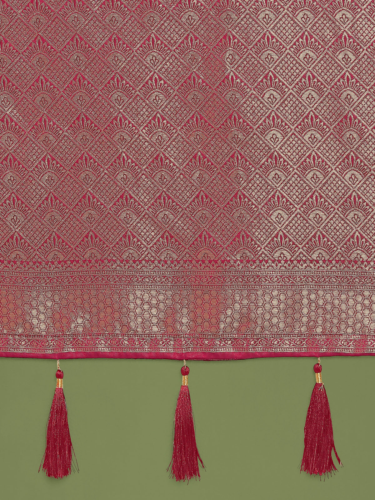 Dark Pink Banarasi-Style Satin Saree with Zari Lattice Weave, pallu close-up