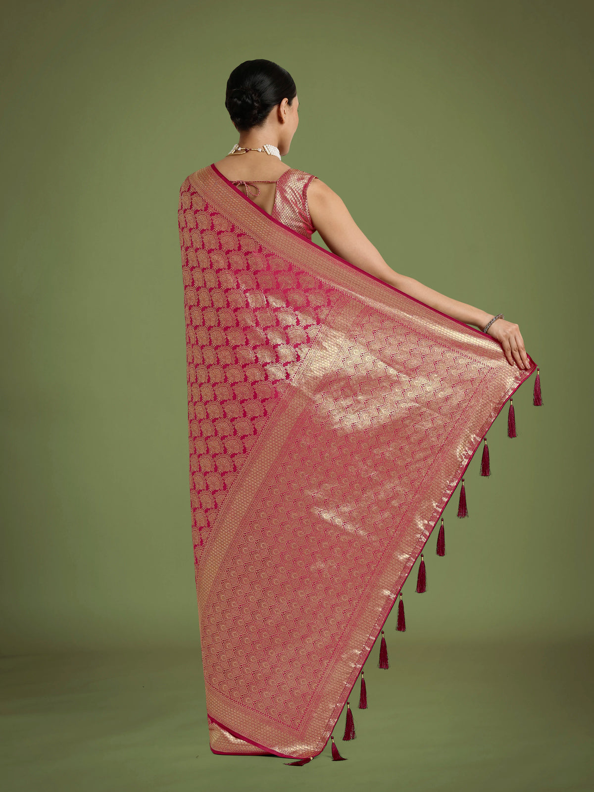Dark Pink Banarasi-Style Satin Saree with Zari Lattice Weave, back with pallu