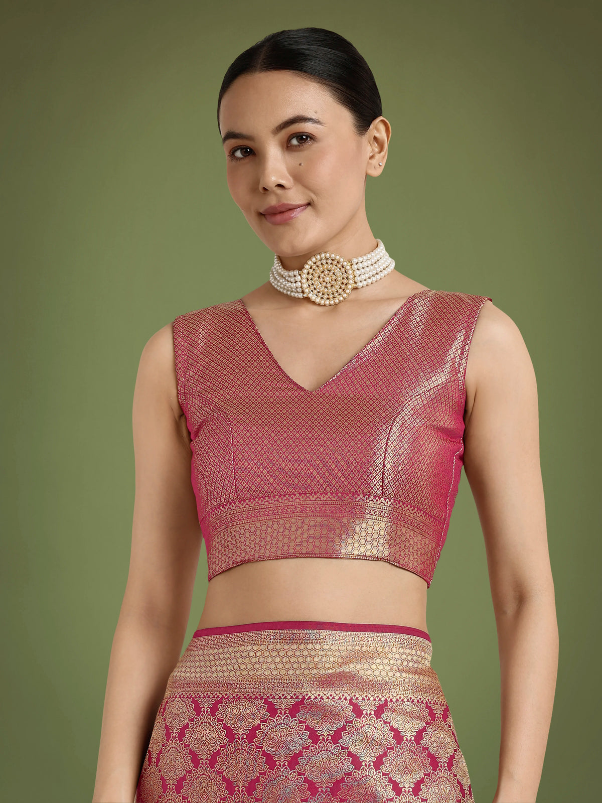 Dark Pink Banarasi-Style Satin Saree with Zari Lattice Weave, blouse detail