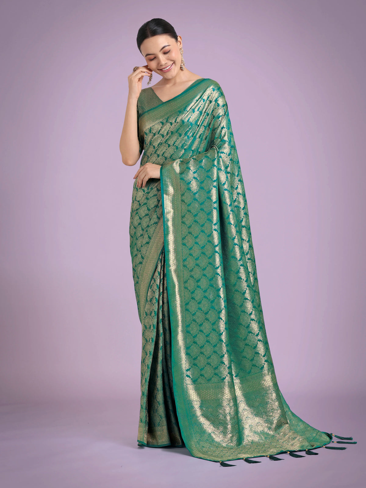 Turquoise Banarasi-Style Satin Saree with Zari Lattice Weave, front