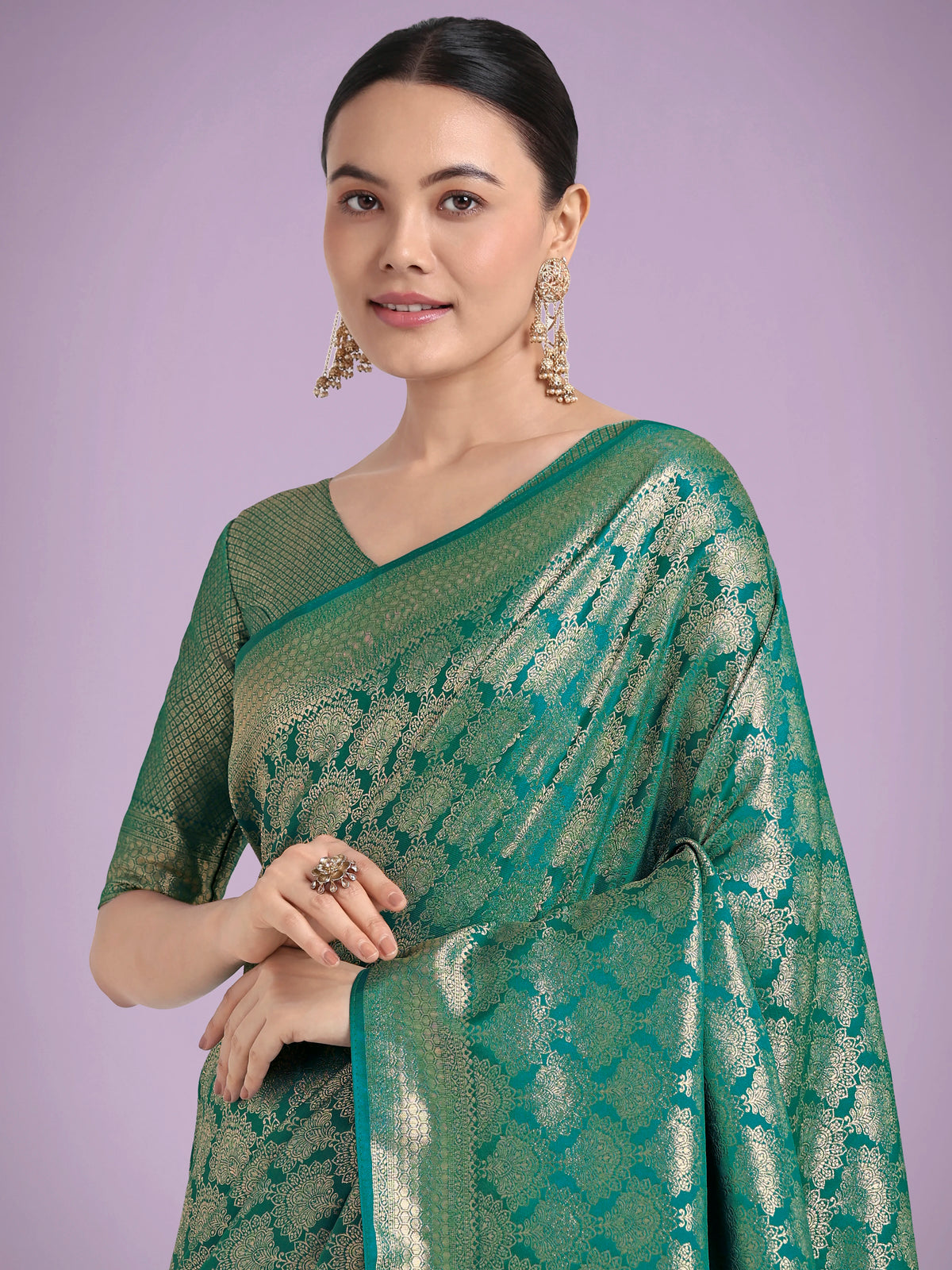 Turquoise Banarasi-Style Satin Saree with Zari Lattice Weave, drape detail
