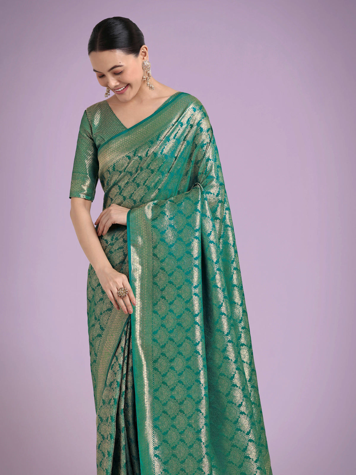 Turquoise Banarasi-Style Satin Saree with Zari Lattice Weave, styled on model