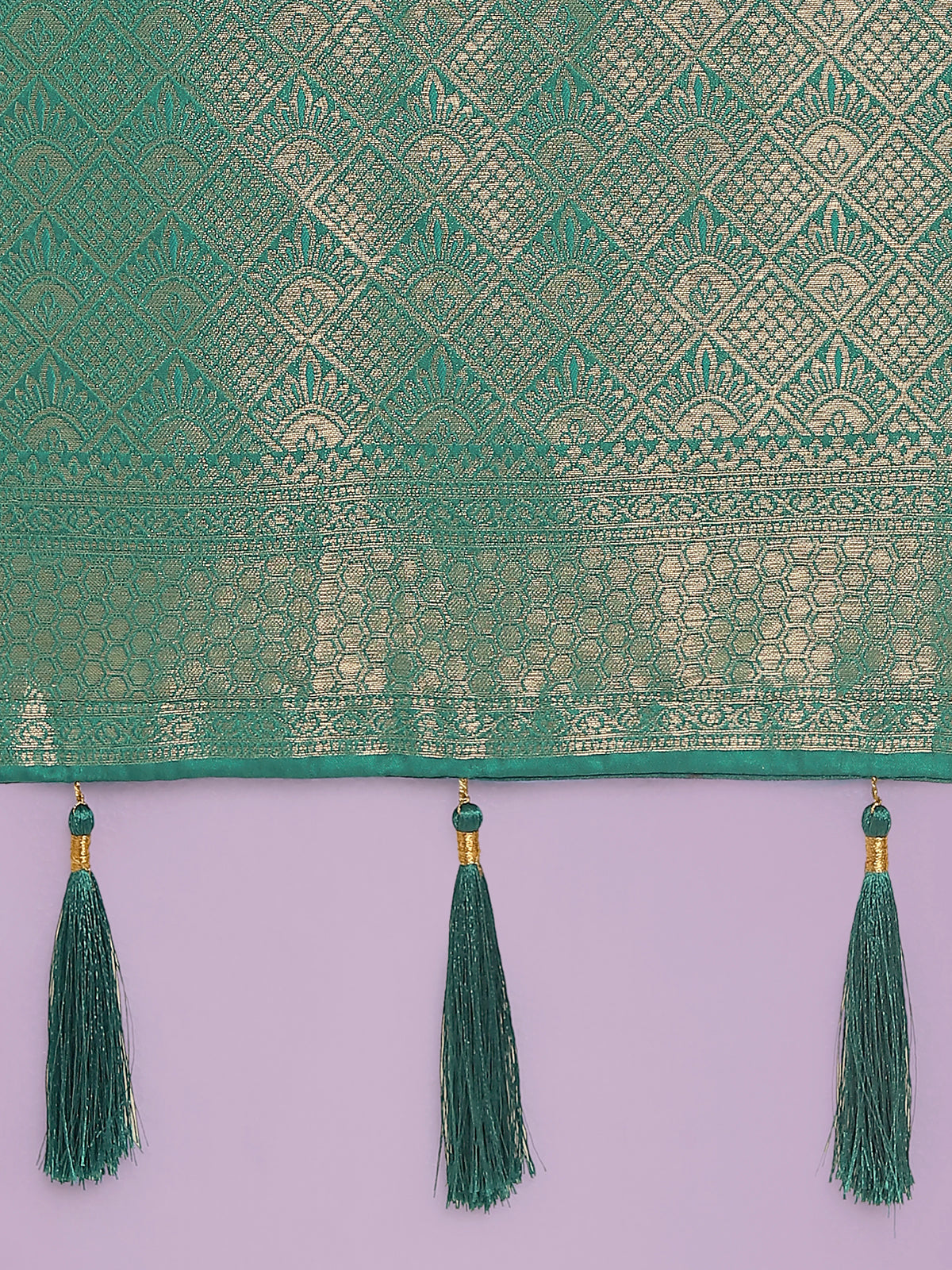 Turquoise Banarasi-Style Satin Saree with Zari Lattice Weave, pallu close-up