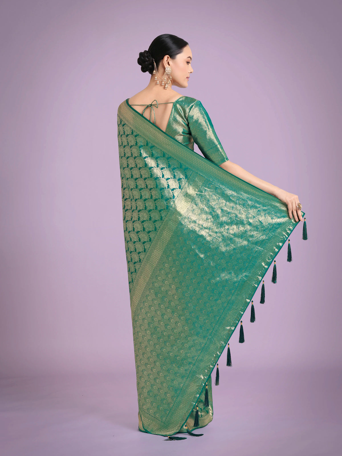 Turquoise Banarasi-Style Satin Saree with Zari Lattice Weave, back with pallu