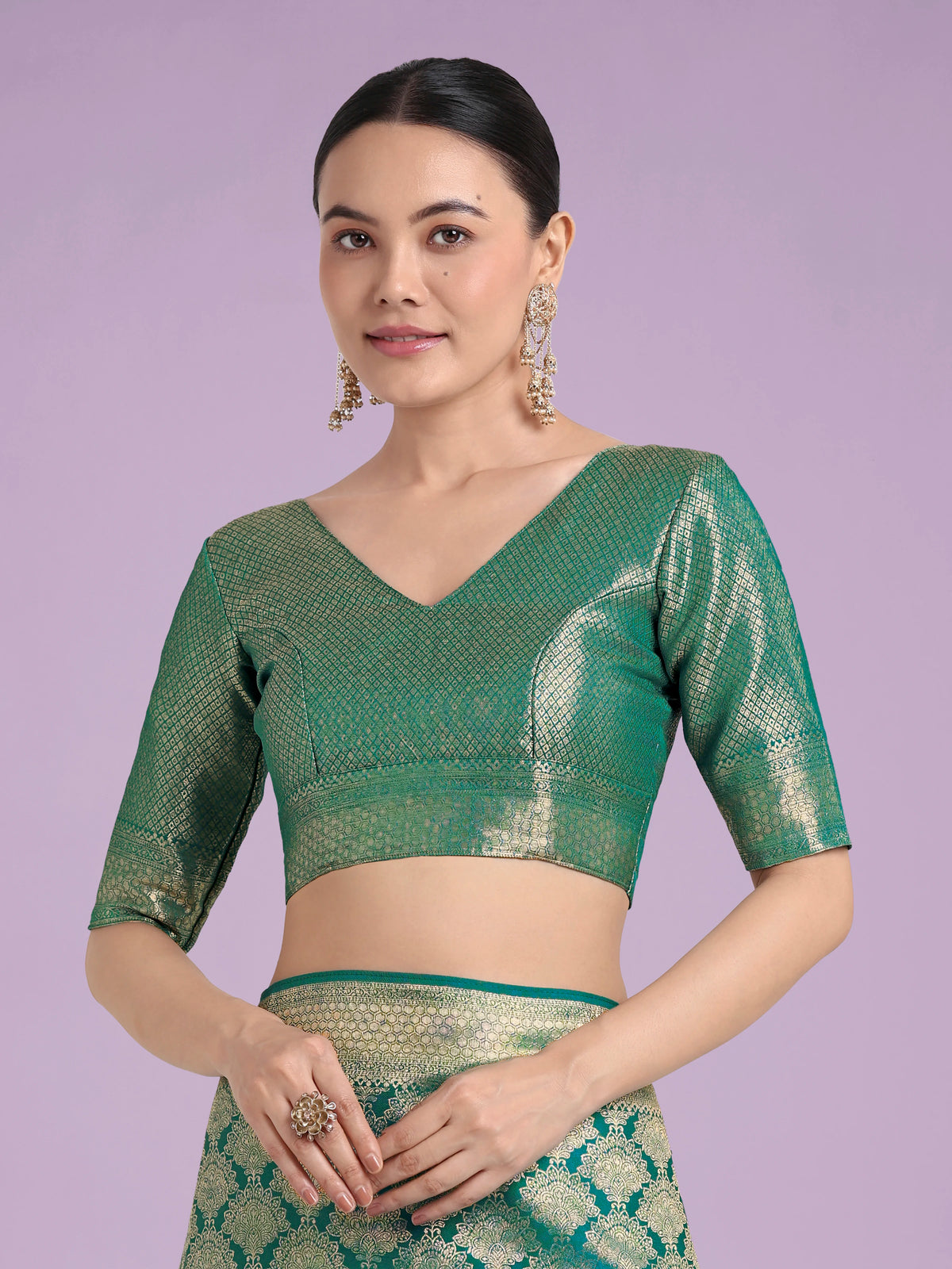Turquoise Banarasi-Style Satin Saree with Zari Lattice Weave, blouse detail