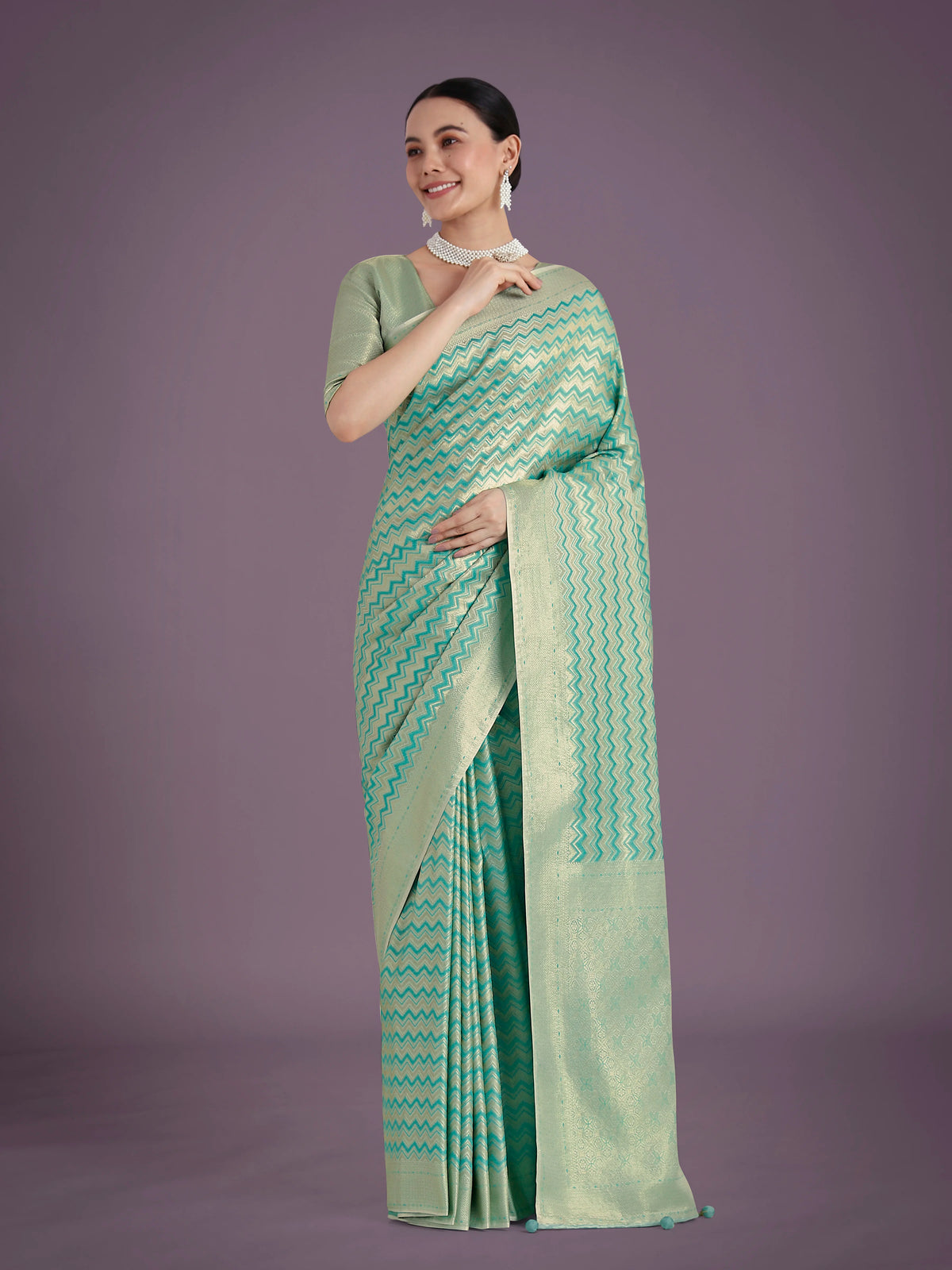 Sky Blue Banarasi-Style Satin Saree with Leheriya-Style Zigzag Weave, front