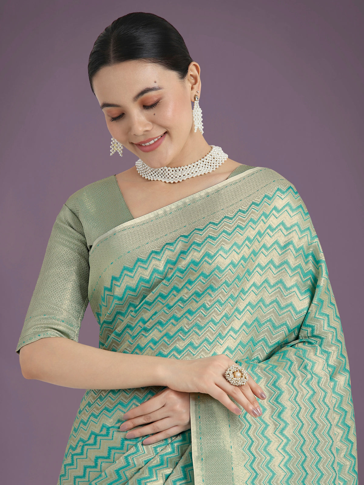 Sky Blue Banarasi-Style Satin Saree with Leheriya-Style Zigzag Weave, drape detail