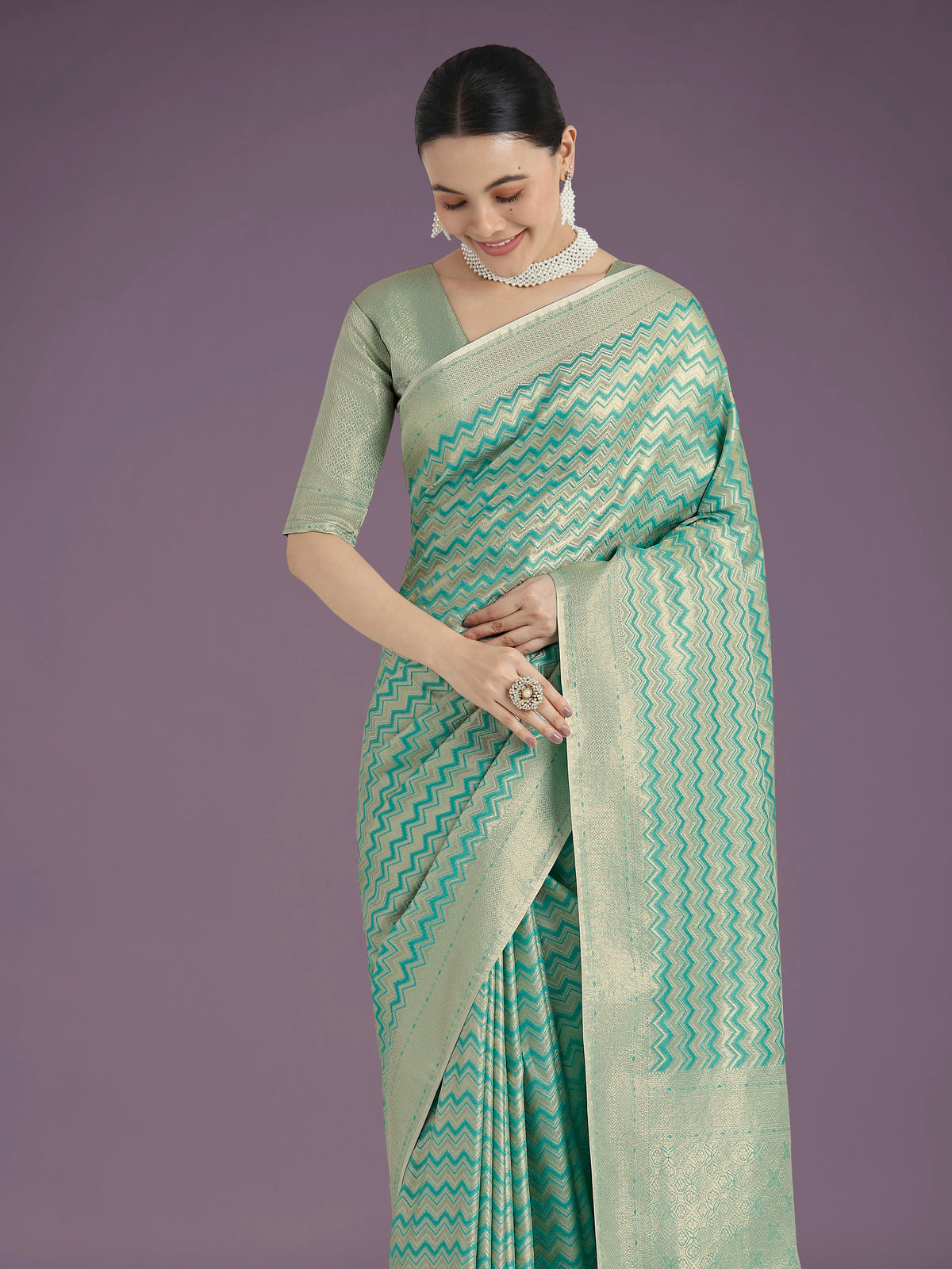 Sky Blue Banarasi-Style Satin Saree with Leheriya-Style Zigzag Weave, styled on model