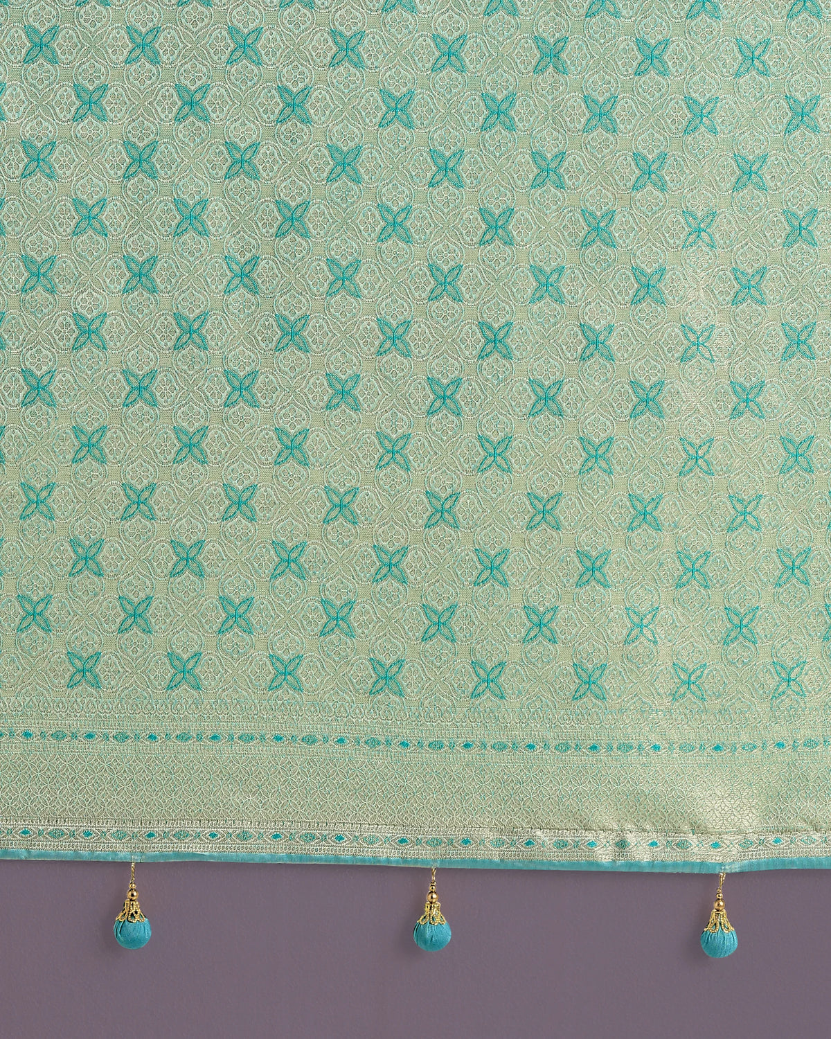 Sky Blue Banarasi-Style Satin Saree with Leheriya-Style Zigzag Weave, pallu close-up