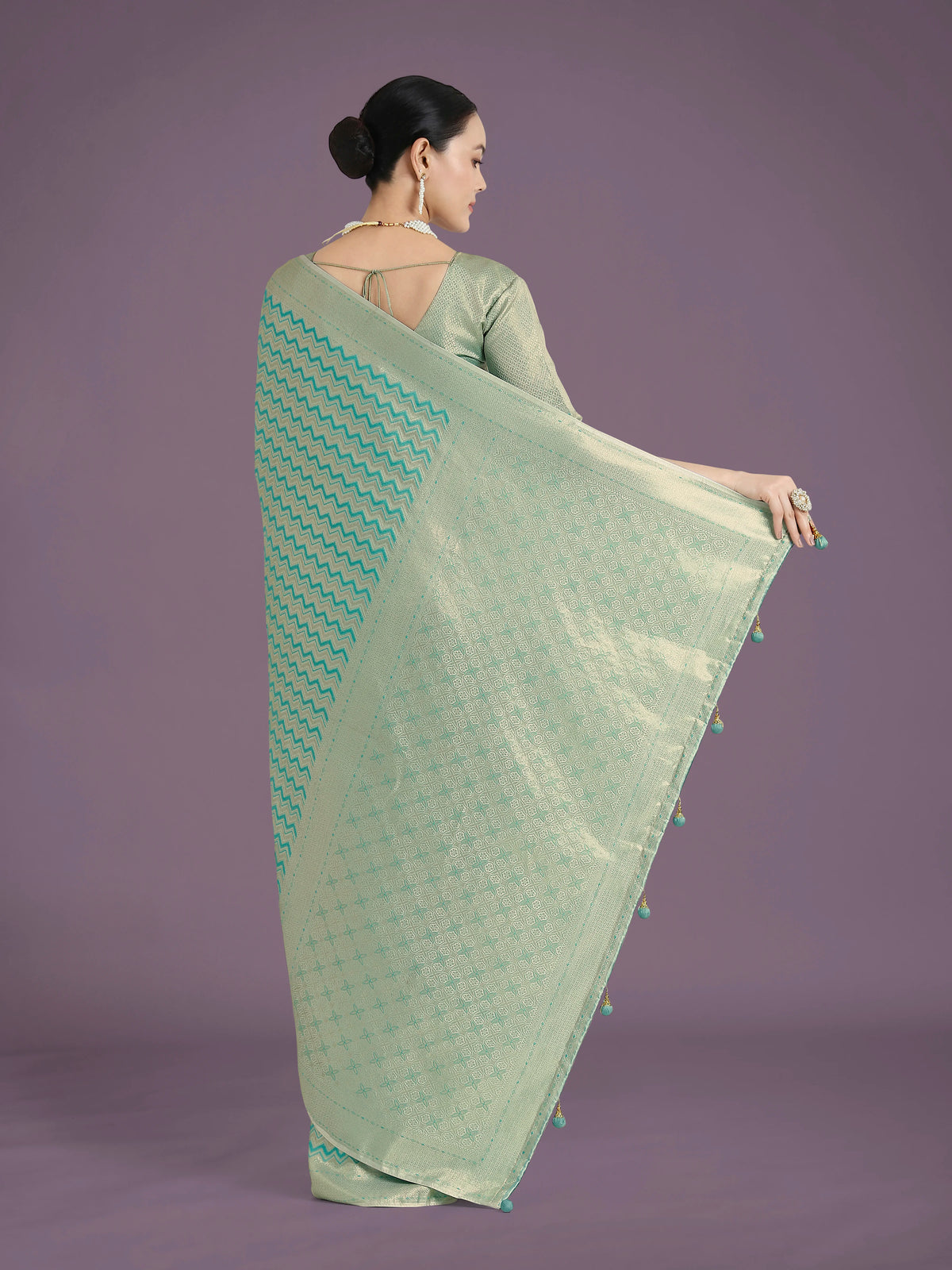 Sky Blue Banarasi-Style Satin Saree with Leheriya-Style Zigzag Weave, back with pallu