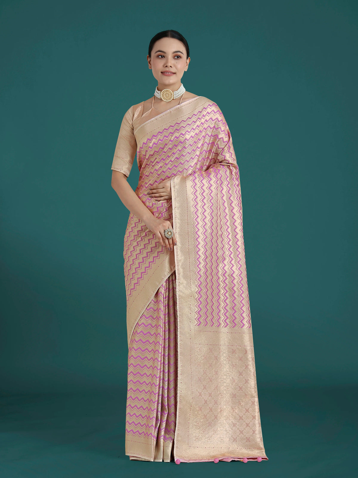 Lilac Banarasi-Style Satin Saree with Leheriya-Style Zigzag Weave, front