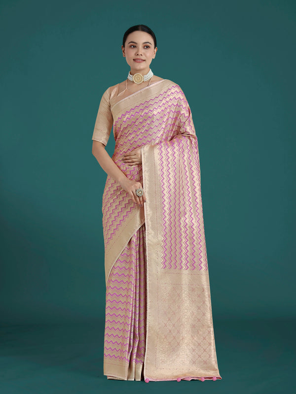 Lilac Banarasi-Style Satin Saree with Leheriya-Style Zigzag Weave, front