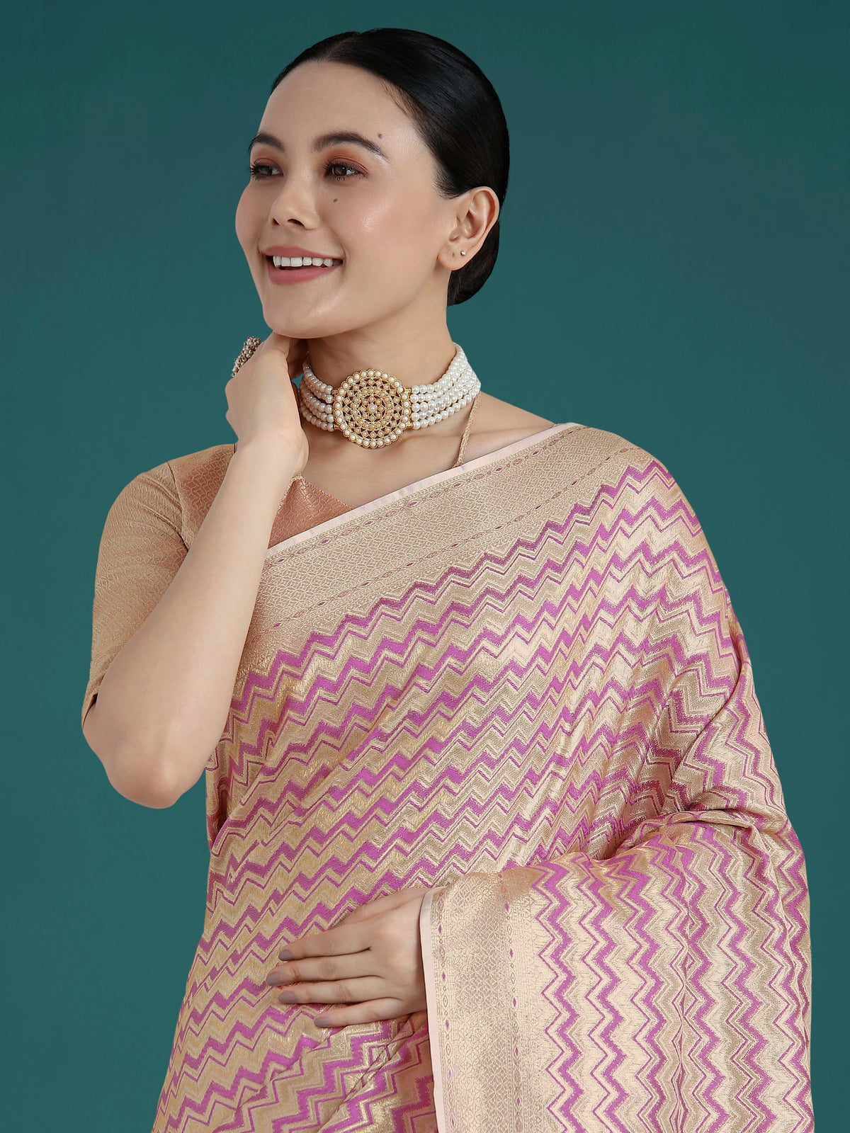 Lilac Banarasi-Style Satin Saree with Leheriya-Style Zigzag Weave, drape detail