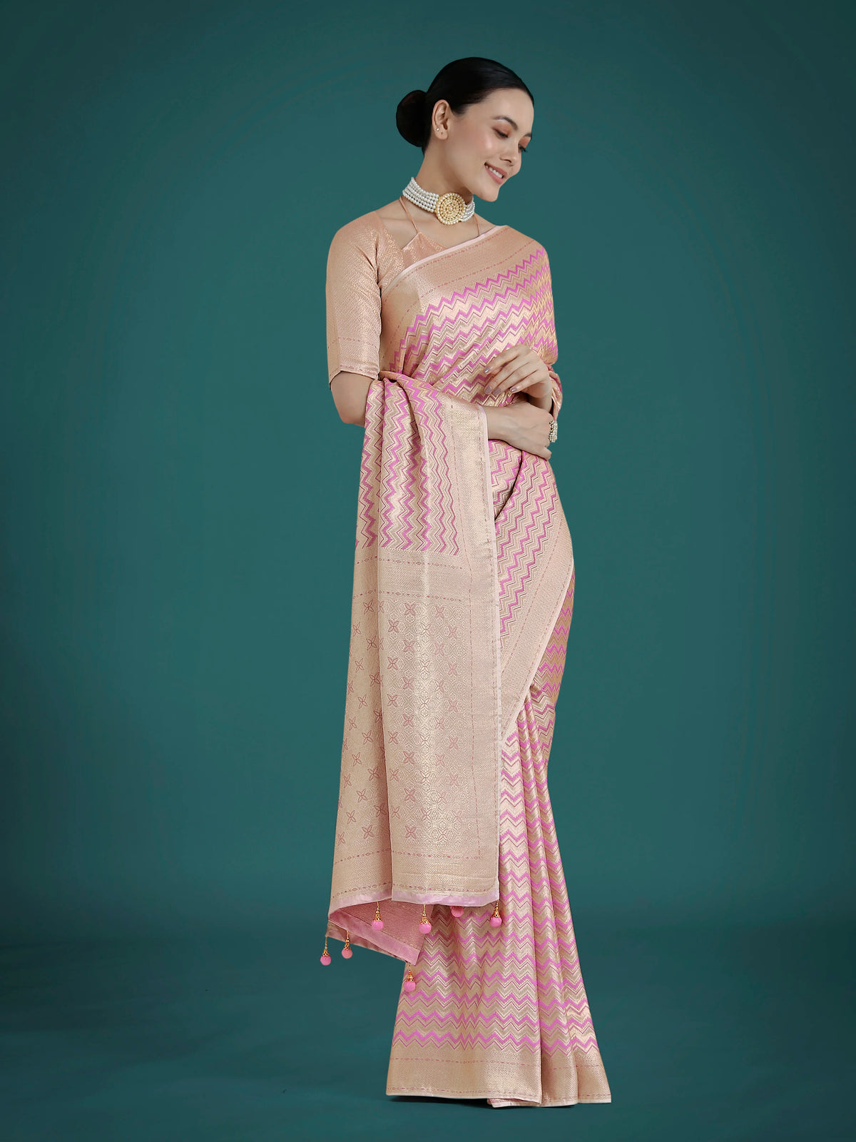 Lilac Banarasi-Style Satin Saree with Leheriya-Style Zigzag Weave, styled on model